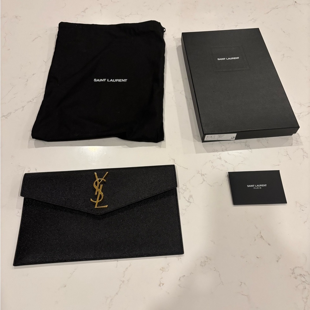 Saint Laurent Black Uptown Clutch with Gold Logo
